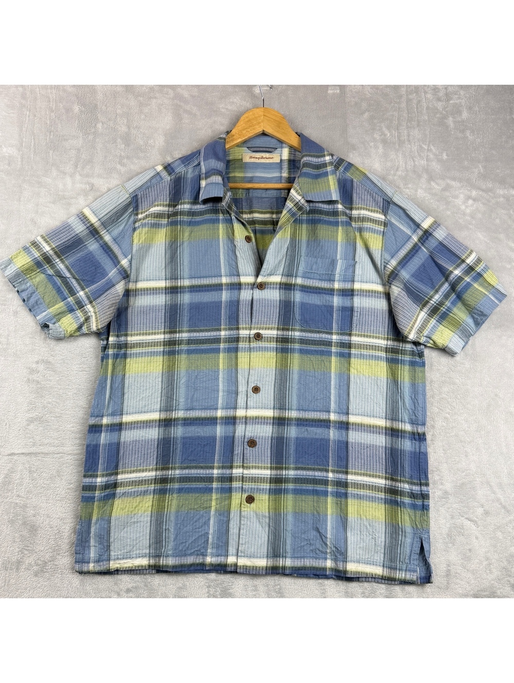 Tommy Bahama Men Large 100% Silk Plaid Short Sleeve Camp Shirt Blue Green Resort
